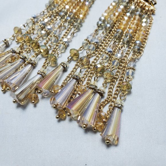 Ali Khan champagne clear ripple long fringe glass bead earring - Picture 5 of 6